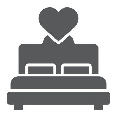Aşık glif simgesi, sevgi ve uyku, Çift Kişilik Yatak işareti, vektör grafikleri, sağlam bir desen beyaz bir arka plan üzerinde yatak.