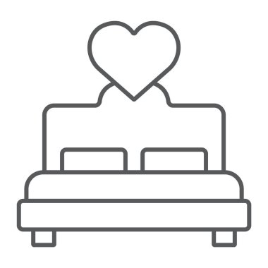 Aşık ince çizgi simgesi, sevgi ve uyku, Çift Kişilik Yatak işareti, vektör grafikleri, Doğrusal model beyaz bir arka plan üzerinde yatak.