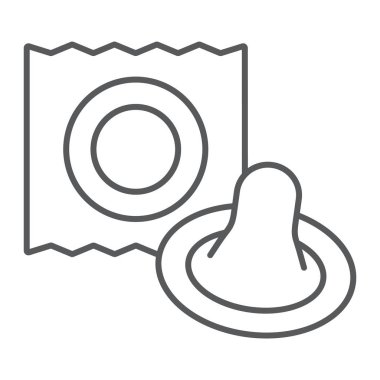 Prezervatif ince çizgi simgesi, lateks ve seks, koruyucu işareti, vektör grafikleri, Doğrusal model beyaz bir arka plan üzerinde.