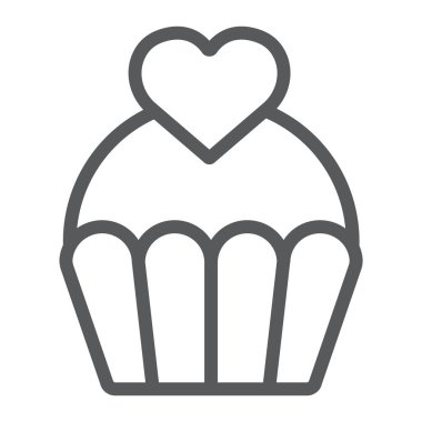 Pasta satırı simgesi, tatlı ve kek, kek kalp işareti, vektör grafikleri, beyaz bir arka plan üzerinde doğrusal bir desen ile seviyorum.