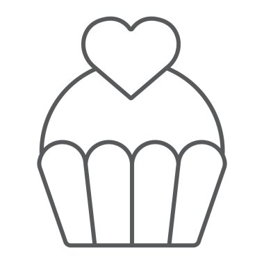 Pasta ince çizgi simgesi, tatlı ve muffin, cupcake kalp işareti, vektör grafikleri, beyaz bir arka plan üzerinde doğrusal bir desen ile aşk.