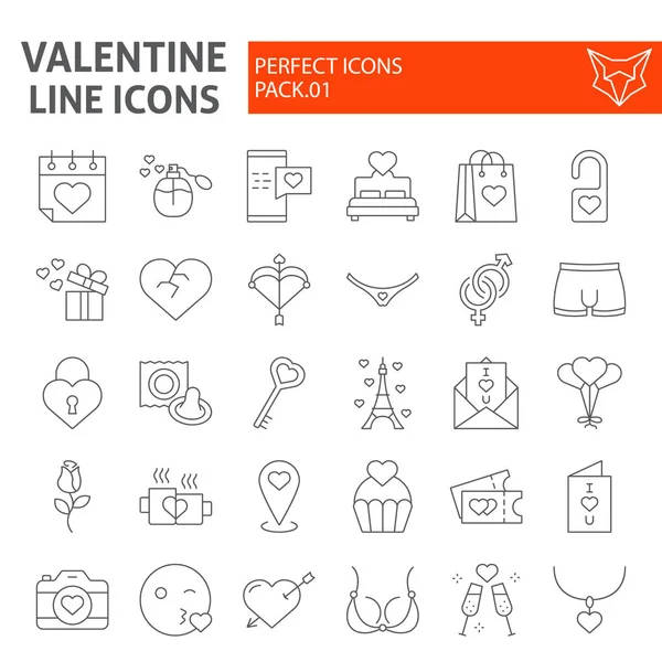 Valentine tunn linje Ikonuppsättning, romantiska symboler samling, vektor skisser, logotypen illustrationer, kärlek tecken linjär piktogram paketet isolerad på vit bakgrund. — Stock vektor