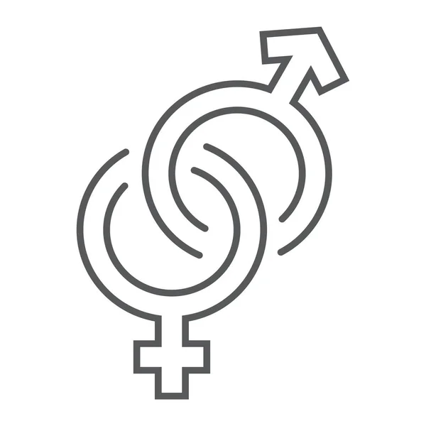 Tanda-tanda gender ikon garis tipis, cinta dan seks, tanda heteroseksual, grafik vektor, pola linear pada latar belakang putih . - Stok Vektor