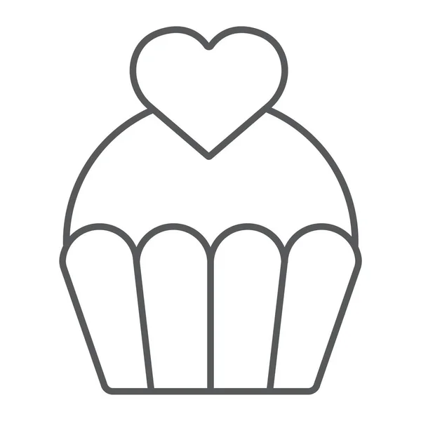 Pasta ince çizgi simgesi, tatlı ve muffin, cupcake kalp işareti, vektör grafikleri, beyaz bir arka plan üzerinde doğrusal bir desen ile aşk. — Stok Vektör