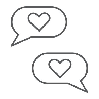 Aşk sohbet ince çizgi simgesi, romantik ve iletişim, konuşma balonu işareti, vektör grafikleri, Doğrusal model beyaz bir arka plan üzerinde.