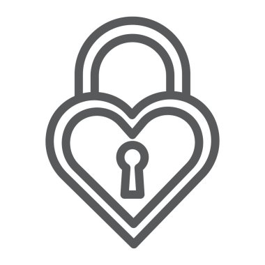 Kalp şeklinde kilit satırı simgesi, sevgi ve soyunma, asma kilit işareti, vektör grafikleri, Doğrusal model beyaz bir arka plan üzerinde.