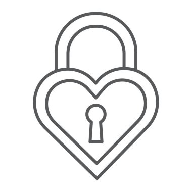 Kalp şeklinde kilit ince çizgi simgesi, sevgi ve soyunma, asma kilit işareti, vektör grafikleri, Doğrusal model beyaz bir arka plan üzerinde.