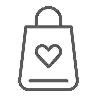 Alışveriş çantası satırı simgesi, sevgi ve hediye paketi ile kalp işareti, vektör grafikleri, Doğrusal model beyaz bir arka plan üzerinde.