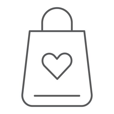 Alışveriş çantası ince çizgi simgesi, sevgi ve hediye paketi ile kalp işareti, vektör grafikleri, Doğrusal model beyaz bir arka plan üzerinde.