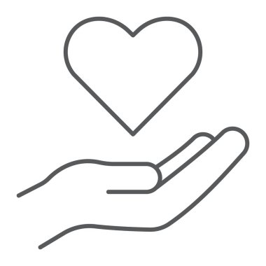 Bakım ince çizgi simgesi, Aile ve aşk, kalp tutan el imzalayın, vektör grafikleri, Doğrusal model beyaz bir arka plan üzerinde.