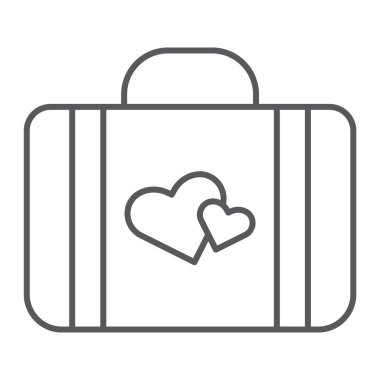 Balayı ince çizgi simgesi, evrak çantası'nı ve aşk, Bagaj ile kalp işareti, vektör grafikleri, Doğrusal model beyaz bir arka plan üzerinde,