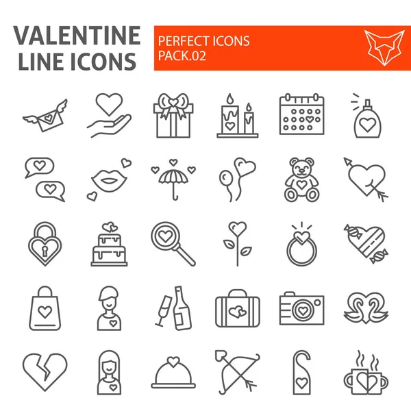 San Valentín conjunto de iconos de línea de día, colección de símbolos románticos, bocetos vectoriales, ilustraciones de logotipo, signos de amor paquete pictogramas lineales aislados sobre fondo blanco . — Vector de stock