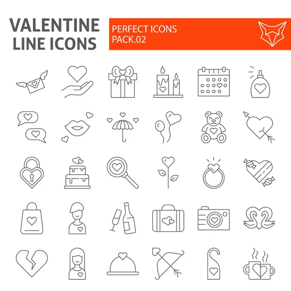 Día de San Valentín conjunto de iconos de línea delgada, colección de símbolos románticos, bocetos vectoriales, ilustraciones de logotipo, signos de amor paquete pictogramas lineales aislados sobre fondo blanco . — Vector de stock