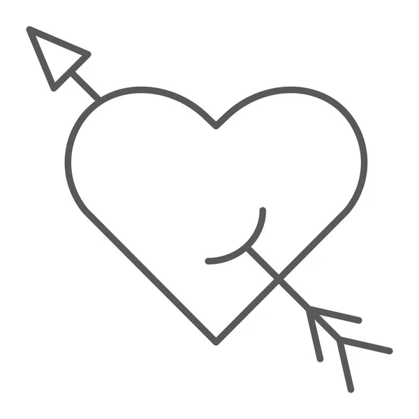 Pfeil und Herz dünne Linie Symbol, Romantik und Liebe, durchbohrte Herzzeichen, Vektorgrafik, ein lineares Muster auf weißem Hintergrund. — Stockvektor