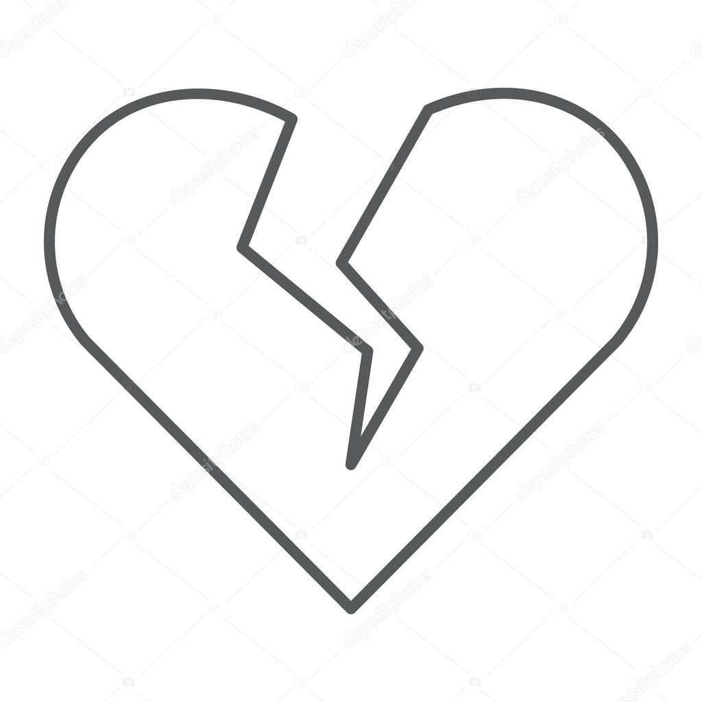 Broken heart thin line icon, valentine and relationship, sad love sign, vector graphics, a linear pattern on a white background, eps 10.