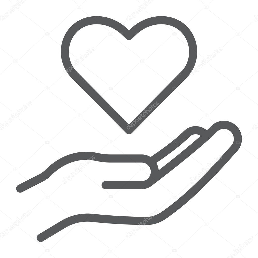 Care line icon, family and love, hand holding heart sign, vector graphics, a linear pattern on a white background.