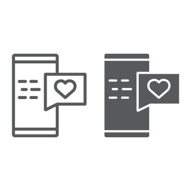 İleti satır ve karakter simgesi, sohbet ve romantizm, romantik sohbet işareti, vektör grafikleri, Doğrusal model beyaz bir arka plan üzerinde seviyorum.