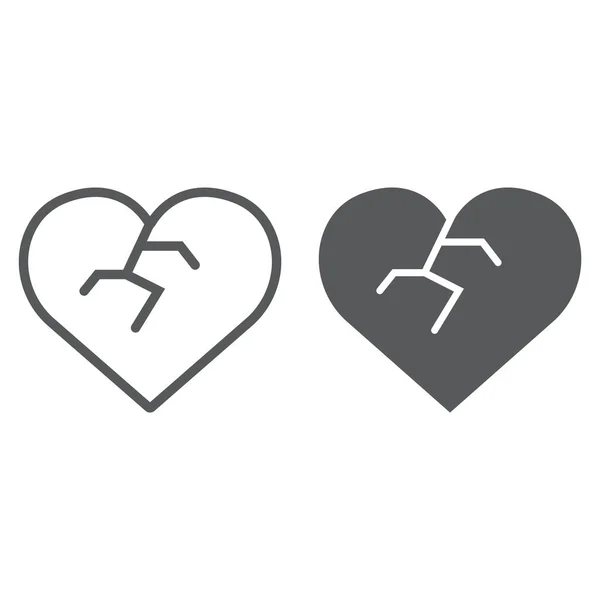 Línea del corazón roto e icono de glifo, amor y roto, signo de angustia, gráficos vectoriales, un patrón lineal sobre un fondo blanco . — Vector de stock