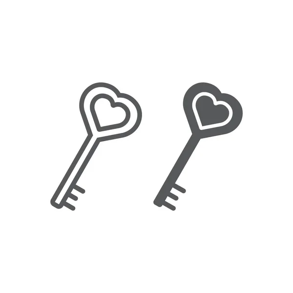Ligne de clé d'amour et icône de glyphe, amour et serrure, signe de clé de coeur, graphiques vectoriels, un motif linéaire sur un fond blanc . — Image vectorielle