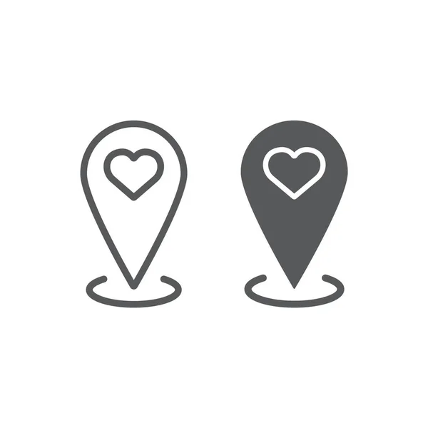 Línea de localización de amor e icono de glifo, amor y gps, signo de puntero de mapa, gráficos vectoriales, un patrón lineal sobre un fondo blanco . — Vector de stock