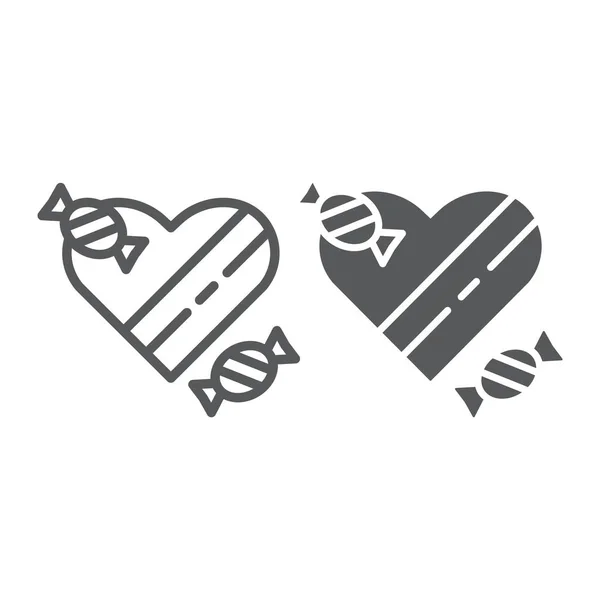 Línea de chocolate y glifo icono, San Valentín y romántico, corazón dulces signo, gráficos vectoriales, un patrón lineal sobre un fondo blanco . — Vector de stock