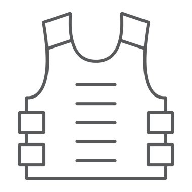 Kurşun geçirmez yelek ince çizgi simgesi, savunma ve ordu, üniforma işareti, vektör grafikleri, Doğrusal model beyaz bir arka plan üzerinde.