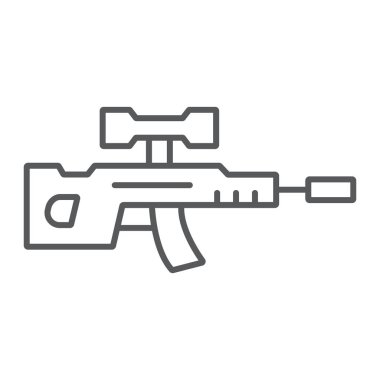 Keskin nişancı tüfeği ince çizgi simgesi, silah ve vektör grafikleri, Doğrusal model beyaz bir arka plan üzerinde askeri, silah işareti,.