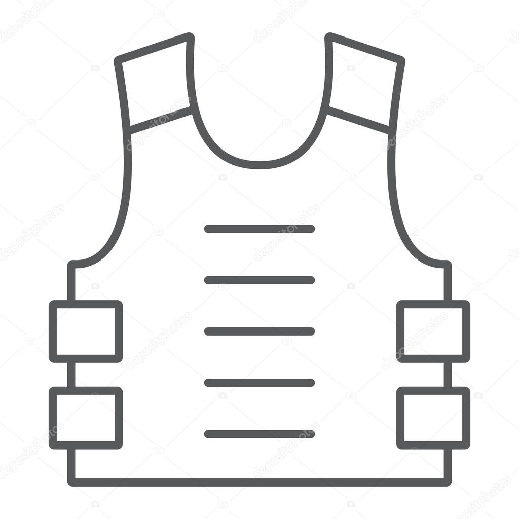 Bulletproof vest thin line icon, defense and army, uniform sign, vector graphics, a linear pattern on a white background.