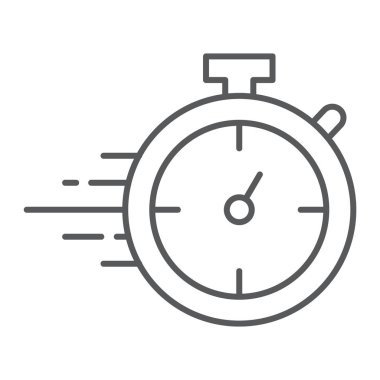 Kronometre ince çizgi simgesi, izlemek ve geri sayım, Zamanlayıcı işareti, vektör grafikleri, Doğrusal model beyaz bir arka plan üzerinde.