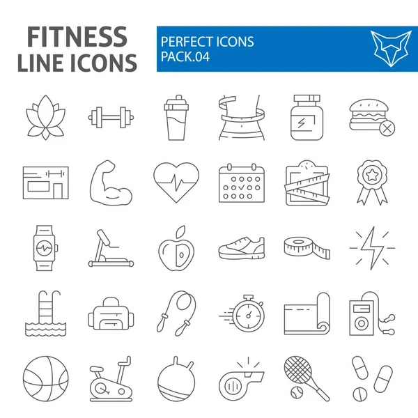 Fitness tynd linje ikon sæt, sport symboler samling, vektor skitser, logo illustrationer, workout tegn lineære piktogrammer pakke isoleret på hvid baggrund . – Stock-vektor