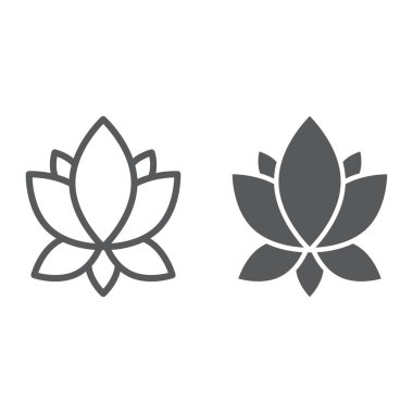 Yoga satır ve karakter simgesi, çiçek ve sağlık, lotus işareti, vektör grafikleri, Doğrusal model beyaz bir arka plan üzerinde.