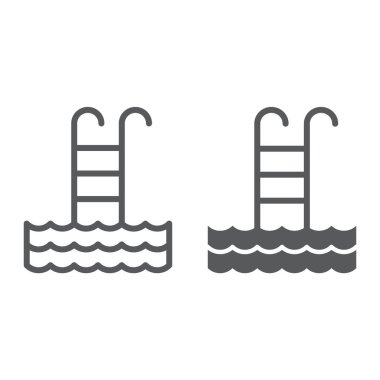 Satır ve karakter simgesi havuz, spor ve yüzmek, işareti, vektör grafikleri, Doğrusal model beyaz bir arka plan üzerinde merdiven.