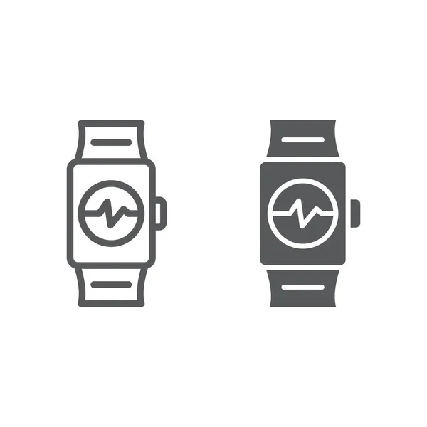 Línea de reloj inteligente e icono de glifo, reloj y digital, signo de gadget, gráficos vectoriales, un patrón lineal sobre un fondo blanco . — Vector de stock