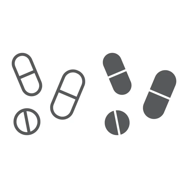 Drugs lijn en glyph pictogram, farmacie en geneeskunde, pillen ondertekenen, vector graphics, een lineair patroon op een witte achtergrond. — Stockvector