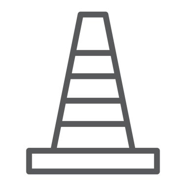 Yol koni satırı simgesi, bariyer ve trafik, inşaat koni işareti, vektör grafikleri, Doğrusal model beyaz bir arka plan üzerinde.