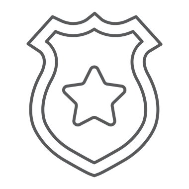 Police badge thin line icon, police and sheriff, officer badge sign, vector graphics, a linear pattern on a white background.