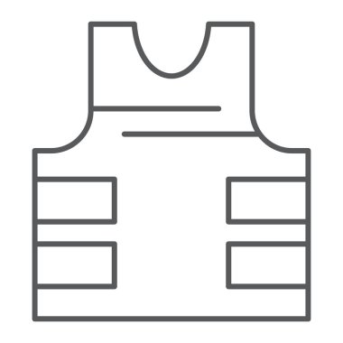 Kurşun geçirmez yelek ince çizgi simgesi, güvenlik ve üniforma, zırh ceket işareti, vektör grafikleri, Doğrusal model beyaz bir arka plan üzerinde.
