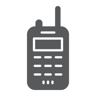 Walkie talkie glif simgesi, verici ve iletişim, radyo set işareti, vektör grafikleri, beyaz zemin üzerinde sağlam bir desen.