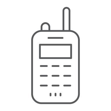 Walkie talkie ince çizgi simgesi, verici ve iletişim, radyo set işareti, vektör grafikleri, Doğrusal model beyaz bir arka plan üzerinde.