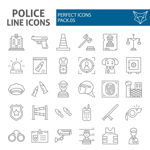 Conjunto de ícones de linha fina da polícia, coleção de símbolos de segurança, esboços vetoriais, ilustrações de logotipo, sinalização de segurança pacote de pictogramas lineares isolado no fundo branco . — Vetor de Stock