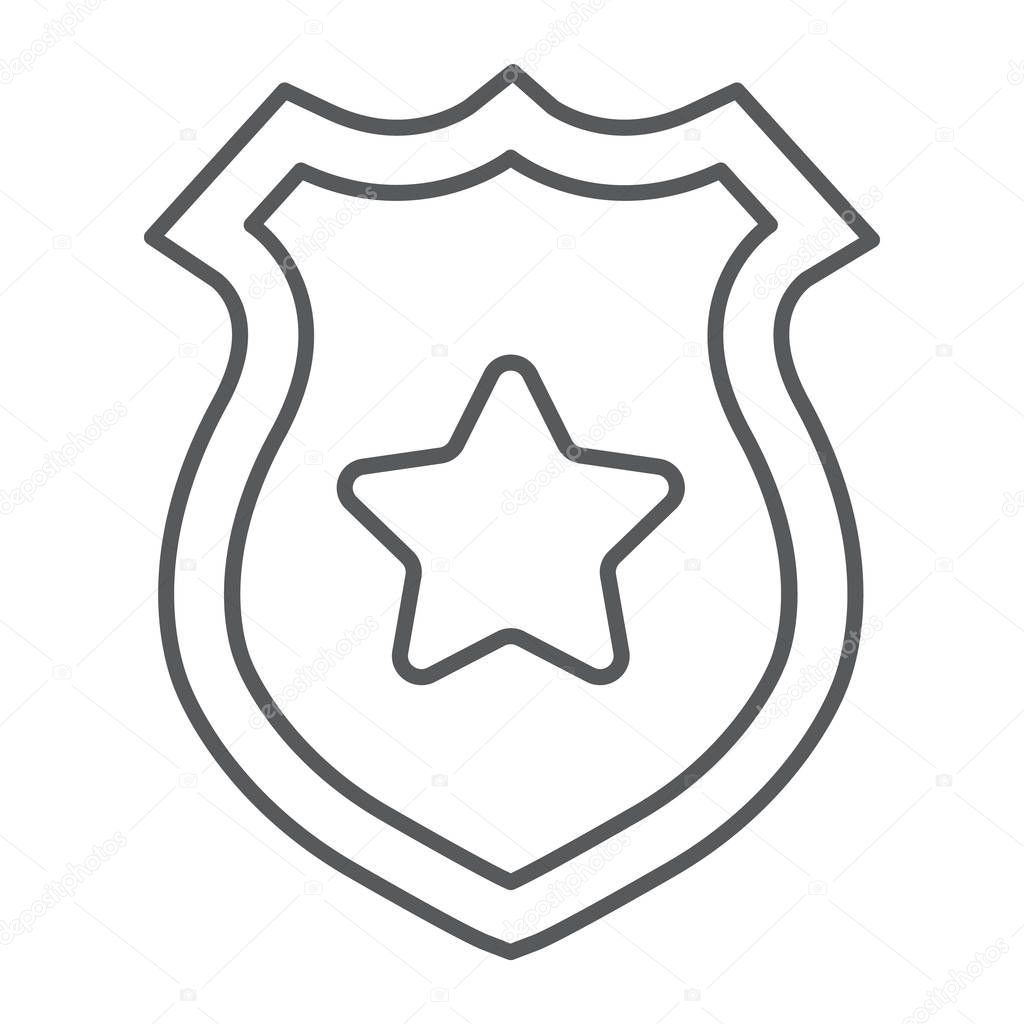 Police badge thin line icon, police and sheriff, officer badge sign, vector graphics, a linear pattern on a white background.
