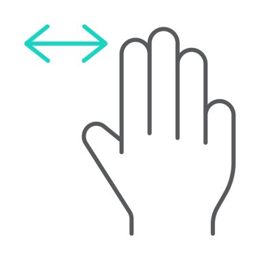 Üç parmak yatay kaydırma ince çizgi simgesi, jest ve el, flick işareti, vektör grafikleri, Doğrusal model beyaz bir arka plan üzerinde.