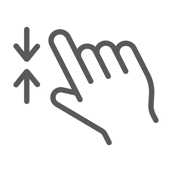 Dvěma prsty a přiblížení dvěma ikona čáry, gesta a klepněte na tlačítko, rukou znamení, vektory, lineární vzor na bílém pozadí. — Stockový vektor