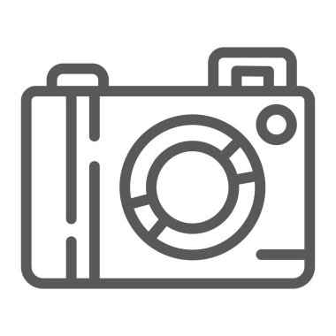 Kamera satırı simgesi, objektif ve fotoğraf, photocamera işareti, vektör grafikleri, Doğrusal model beyaz bir arka plan üzerinde.