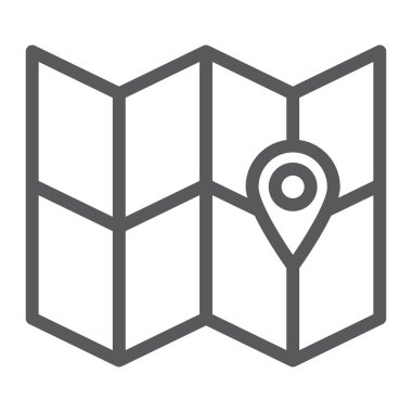 Harita satırı simgesi, konumu ve seyahat, yön işareti, vektör grafikleri, Doğrusal model beyaz bir arka plan üzerinde.