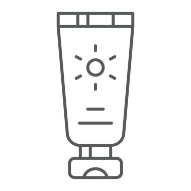 Güneş koruma ince çizgi simgesi, krem ve vektör grafikleri, Doğrusal model beyaz bir arka plan üzerinde kozmetik, güneş işareti,.