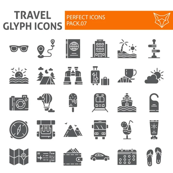 Conjunto de iconos de glifo de viaje, colección de símbolos turísticos, bocetos vectoriales, ilustraciones de logotipos, signos navideños paquete de pictogramas sólidos aislados sobre fondo blanco . — Vector de stock