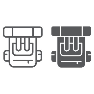 Satır ve karakter simgesi, çanta ve Turizm, sırt çantası işareti, vektör grafikleri, Doğrusal model beyaz bir arka plan üzerinde sırt çantası.