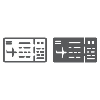 Satır ve karakter simgesi, pass ve Turizm, Uçak Bilet işareti, vektör grafikleri, Doğrusal model beyaz bir arka plan üzerinde Bilet.