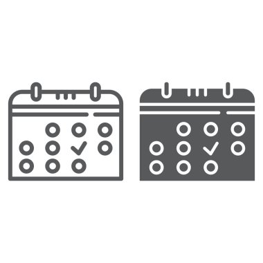 Takvim çizgi ve glif simgesini, ay ve Tarih, uyarı mektubu işareti, vektör grafikleri, Doğrusal model beyaz bir arka plan üzerinde.